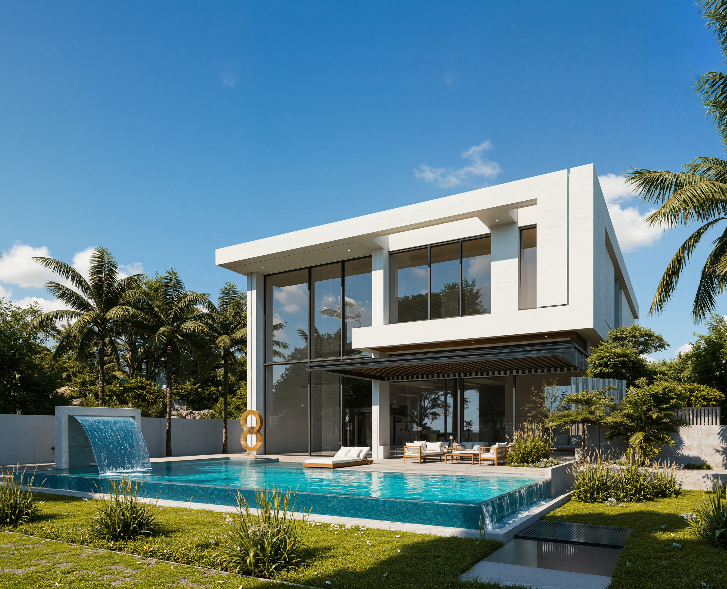 Villa Marrakech façade arrière baies vitrées piscine débordement et pergola jour