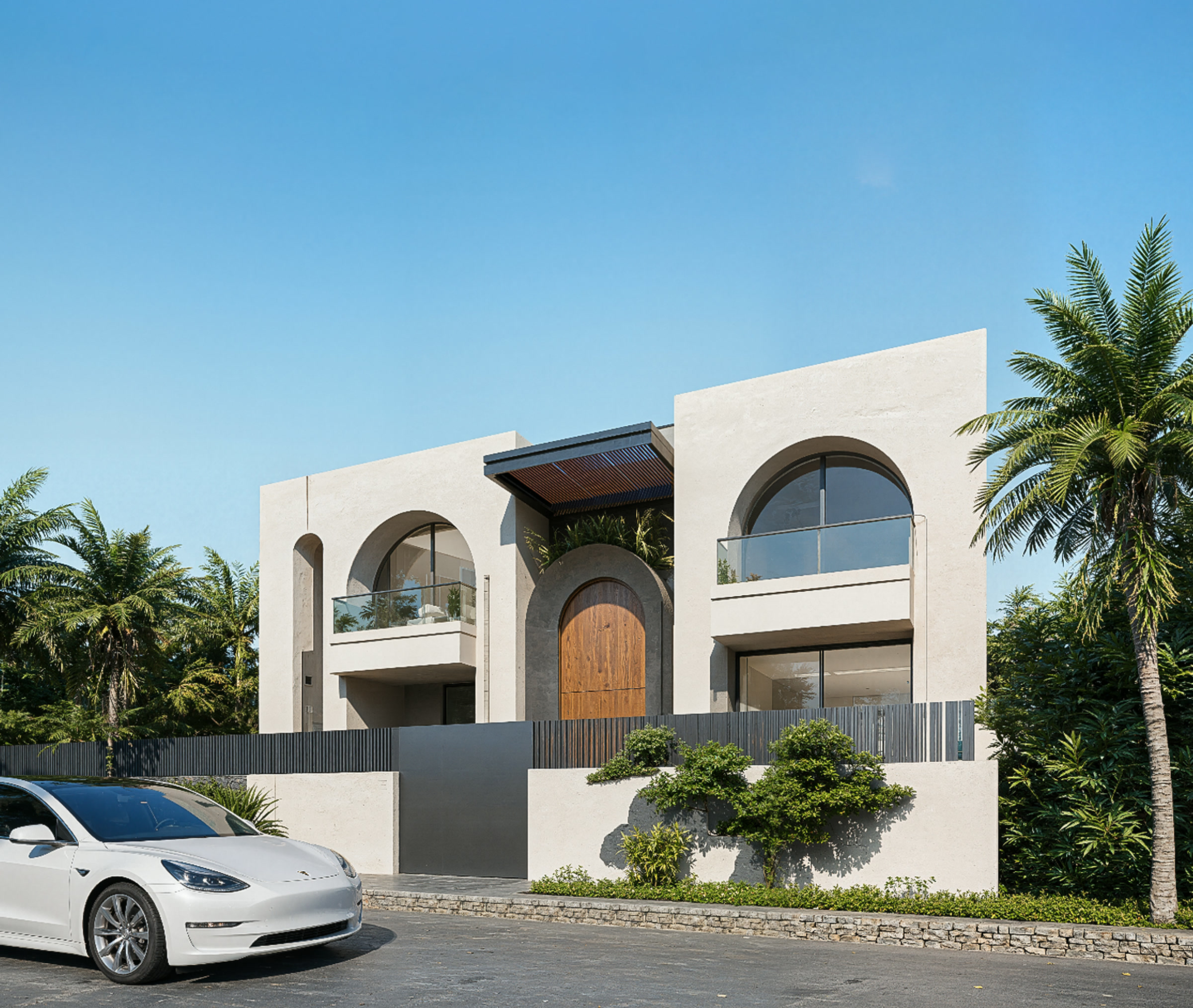 Façade d'entrée villa bohémienne avec arches arrondies, Villa O Roseraie Akenza Marrakech